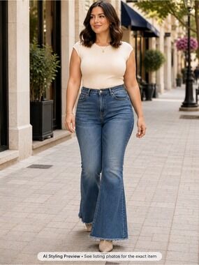 High Rise Stretch Flare Jeans 1XL Fits L-XL Medium Wash Raw Hem Y2K no